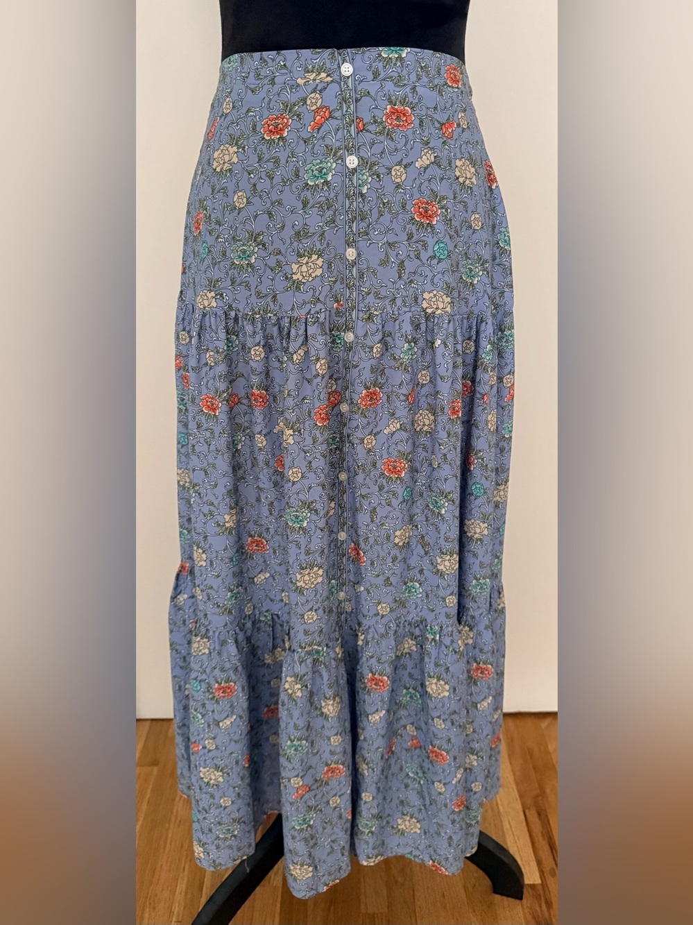 Max Studio Blue Floral Front Button Ruffle Maxi Skirt - Size M